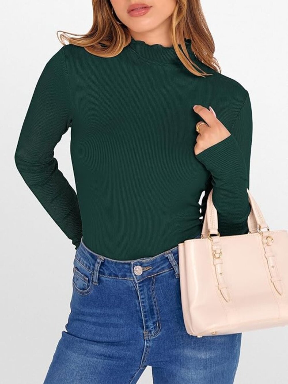 Green Lettuce Trim Mock Neck Long Sleeve Shirt